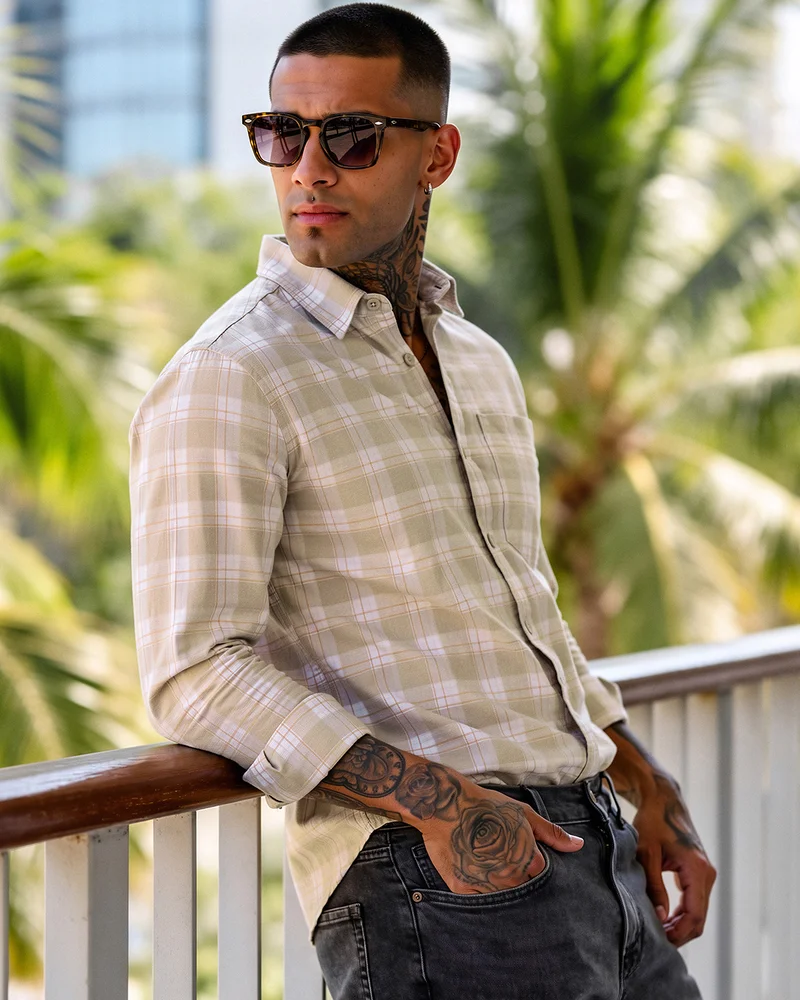 bewakoof Men's Beige Checked Cotton Linen Shirt